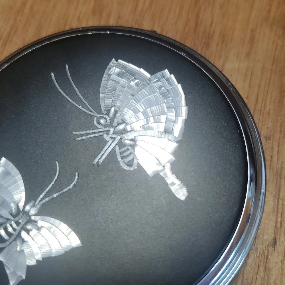 Black Compact Mirror with Silver Butterflies